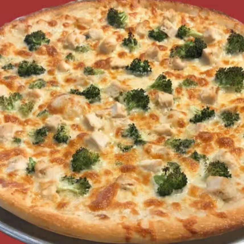 Chicken Broccoli Alfredo Pizza.